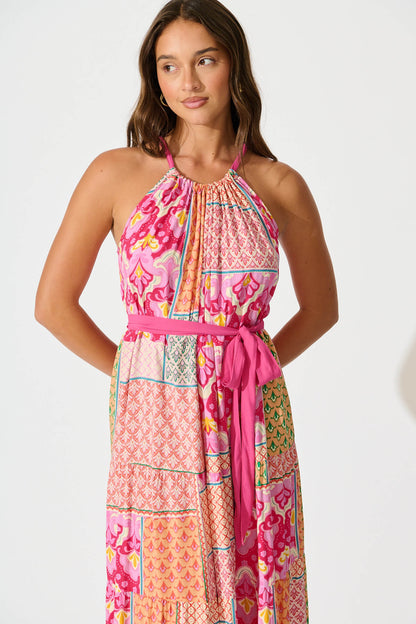 Lioni Midi Sundress in Pink Multi Patchwork