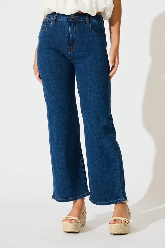 Ocean Road High Rise Wide Leg Jean in Dark Blue Denim