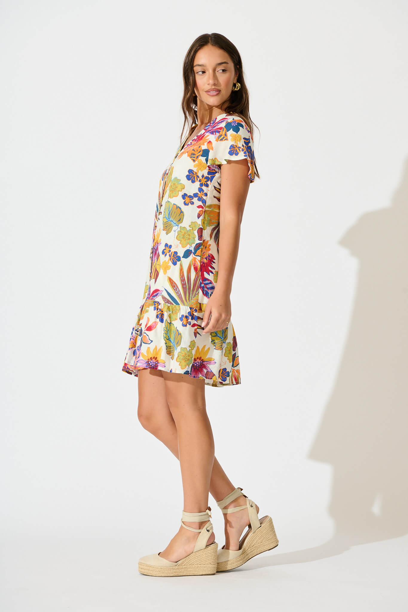 Flynn Dress in White with Bright Multi Floral Cotton Blend