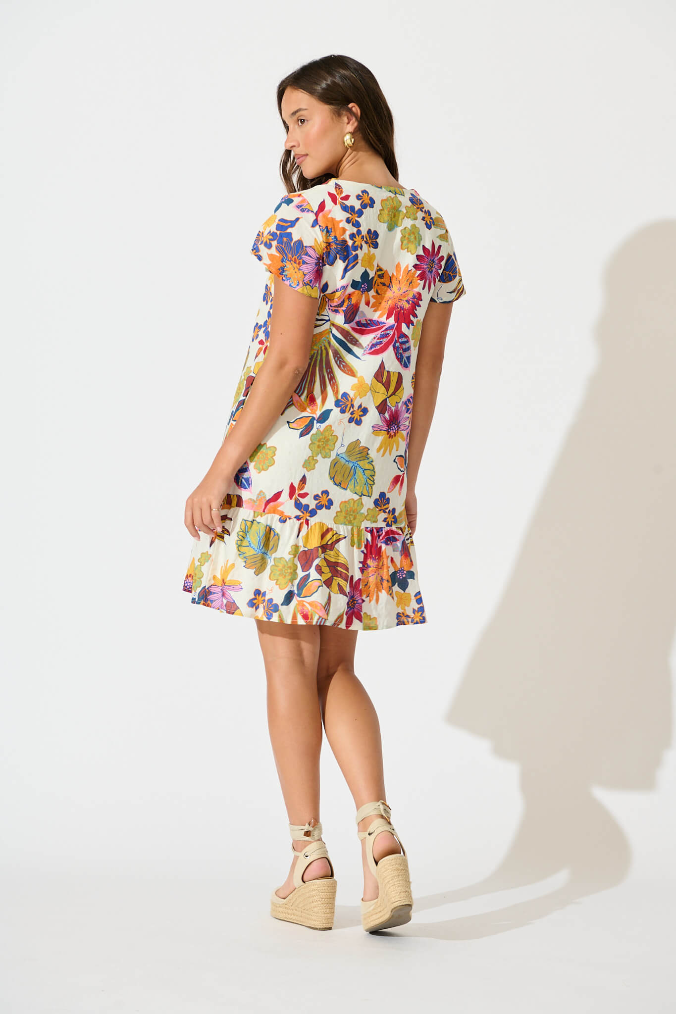 Flynn Dress in White with Bright Multi Floral Cotton Blend