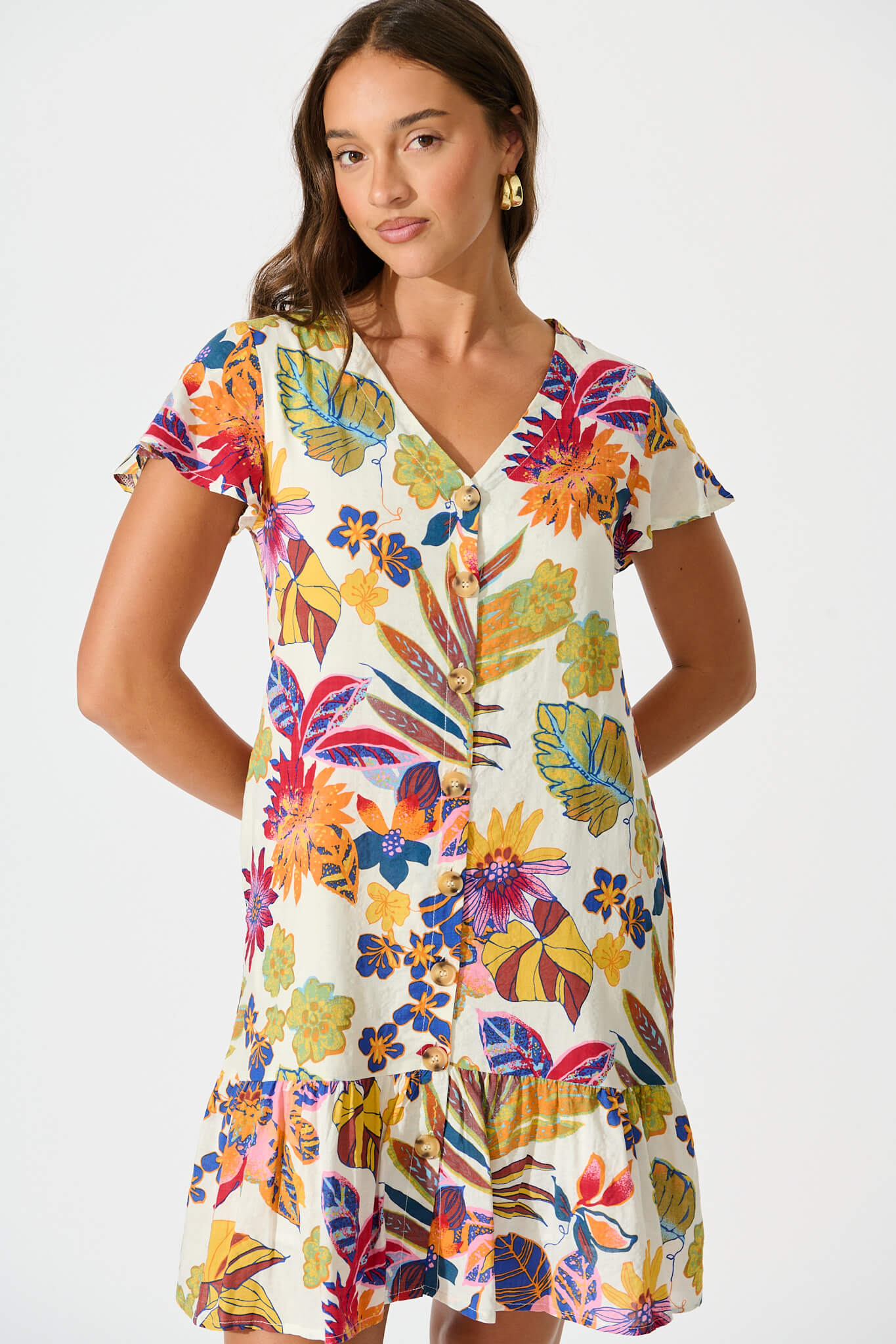 Flynn Dress in White with Bright Multi Floral Cotton Blend