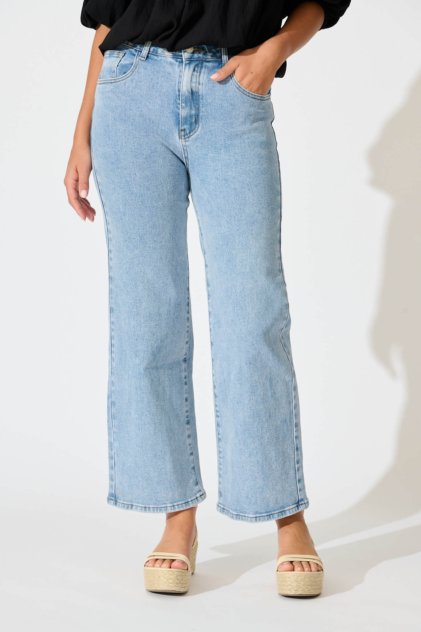 Ocean Road High Rise Wide Leg Jean in Light Blue Denim