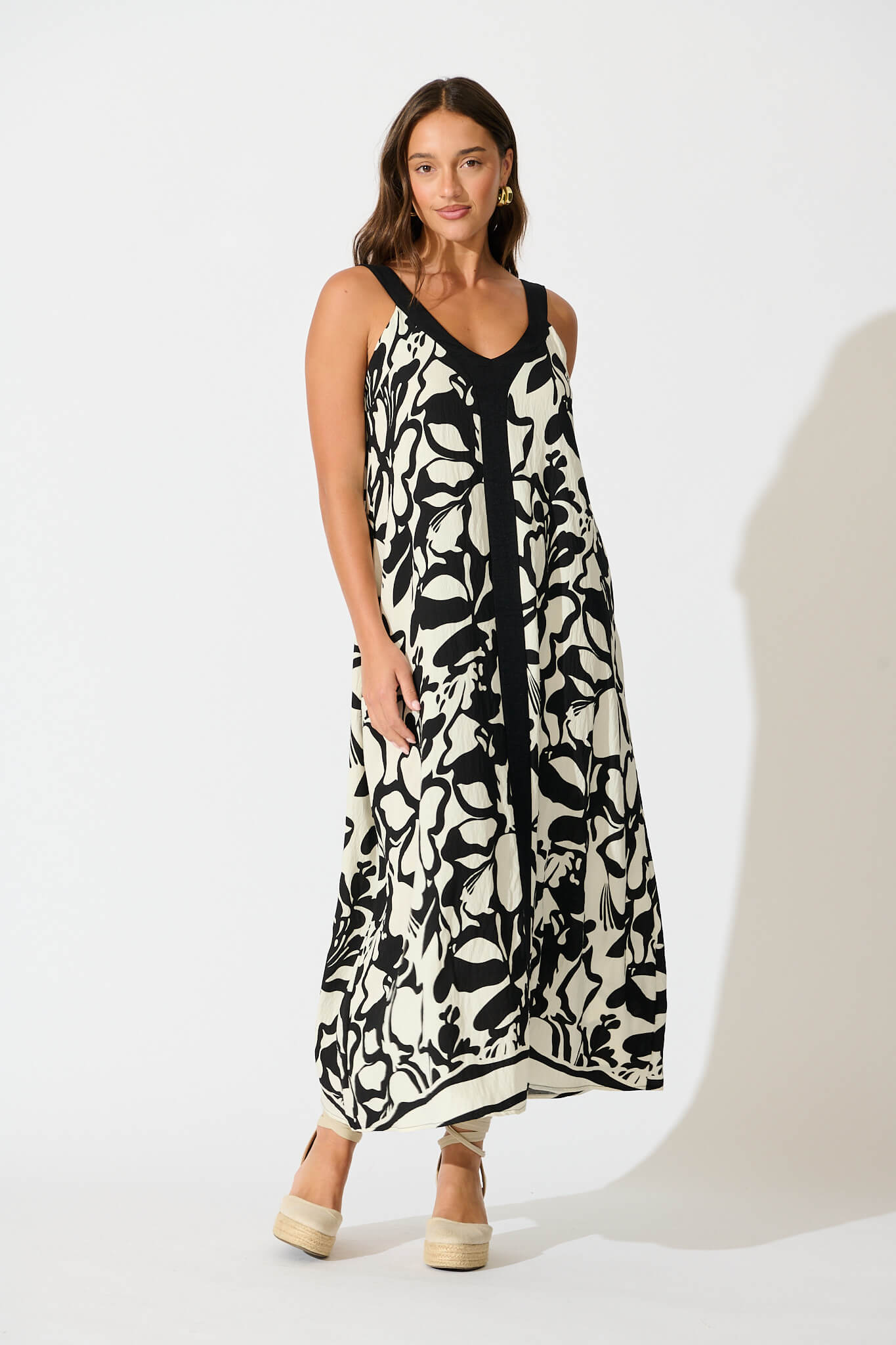 Jenny Maxi Dress in Black with White Print