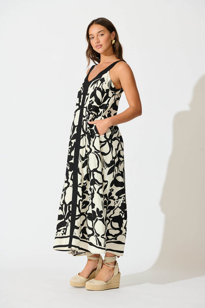Jenny Maxi Dress in Black with White Print
