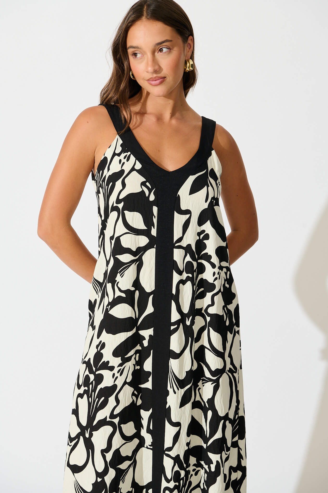 Jenny Maxi Dress in Black with White Print