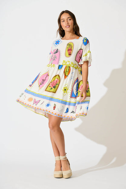 Escape Smock Dress In White With Bright Print