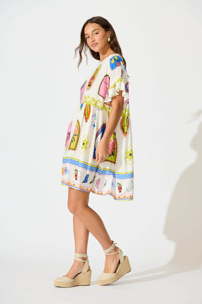 Escape Smock Dress In White With Bright Print