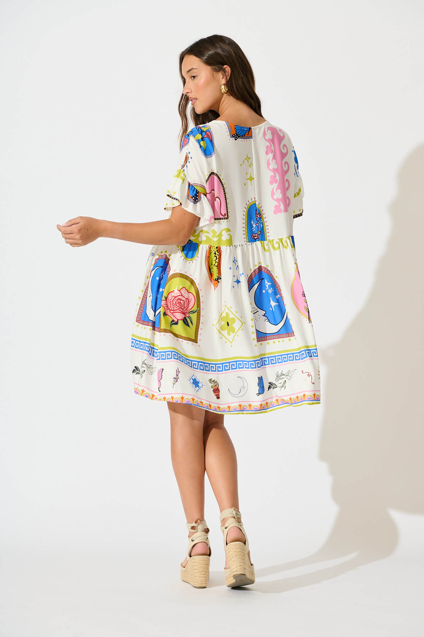 Escape Smock Dress In White With Bright Print