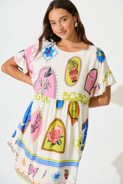 Escape Smock Dress In White With Bright Print