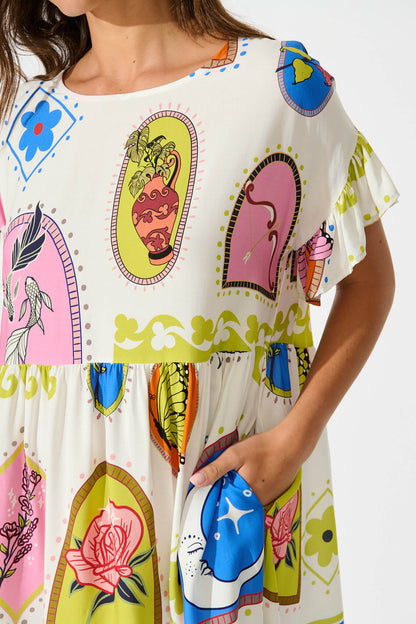 Escape Smock Dress In White With Bright Print