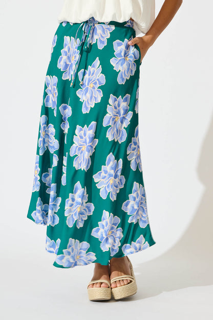 Farrell Maxi Skirt In Emerald With Blue Floral