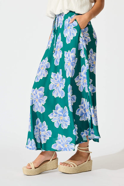 Farrell Maxi Skirt In Emerald With Blue Floral