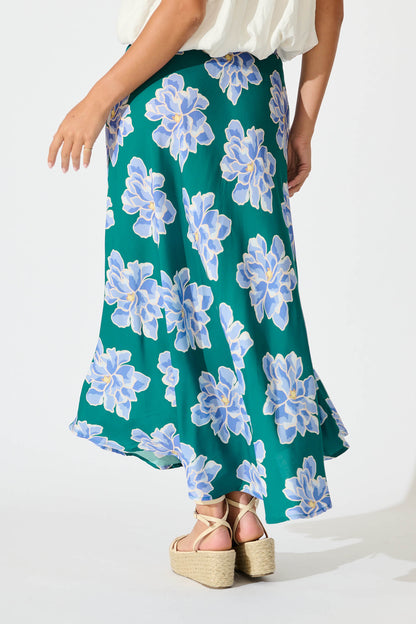 Farrell Maxi Skirt In Emerald With Blue Floral