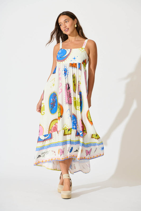 Mayview Midi Dress In White With Bright Print