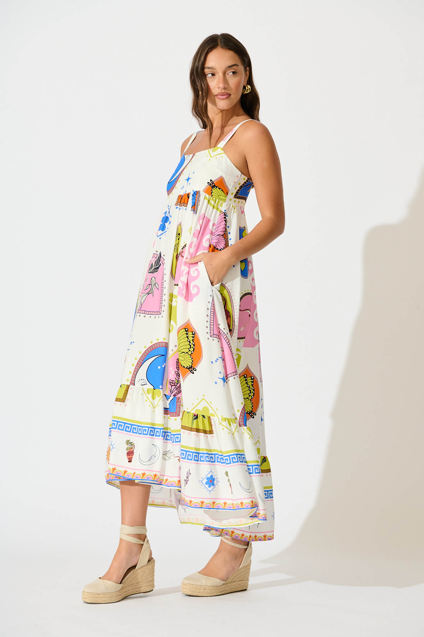 Mayview Midi Dress In White With Bright Print