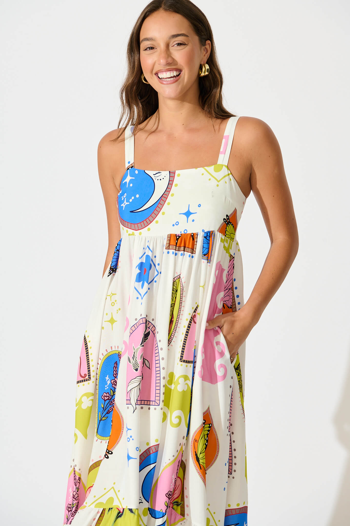 Mayview Midi Dress In White With Bright Print