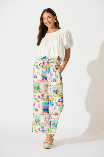 Eldrige Pant In White With Bright Resort Print