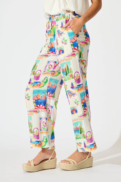 Eldrige Pant In White With Bright Resort Print