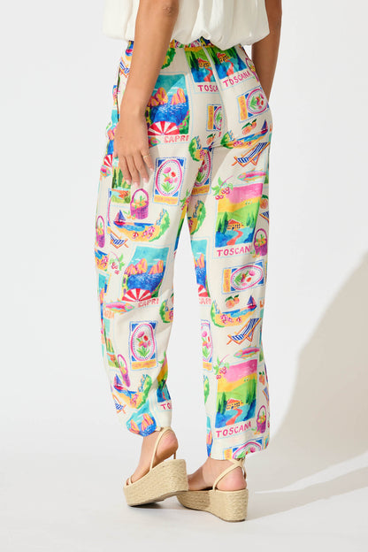 Eldrige Pant In White With Bright Resort Print