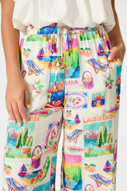 Eldrige Pant In White With Bright Resort Print
