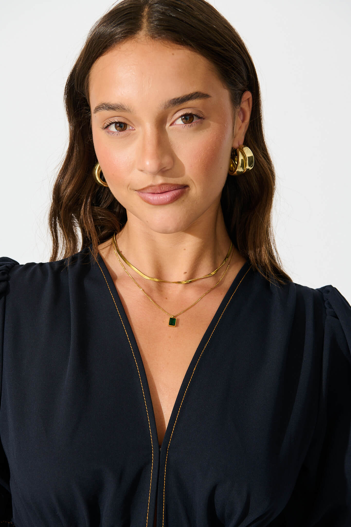 Mahani Layered Necklace in Gold with Green Stone