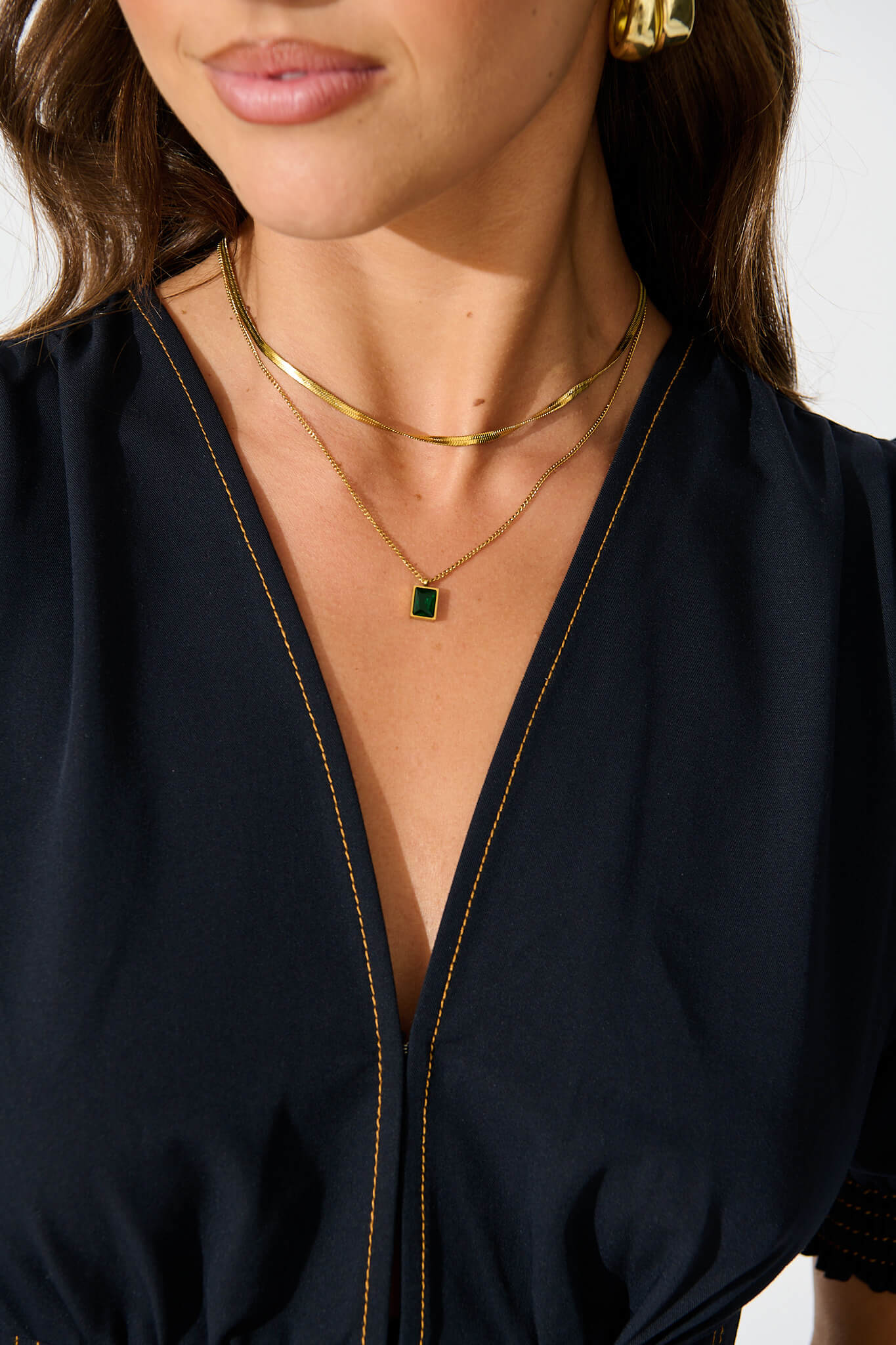 Mahani Layered Necklace in Gold with Green Stone