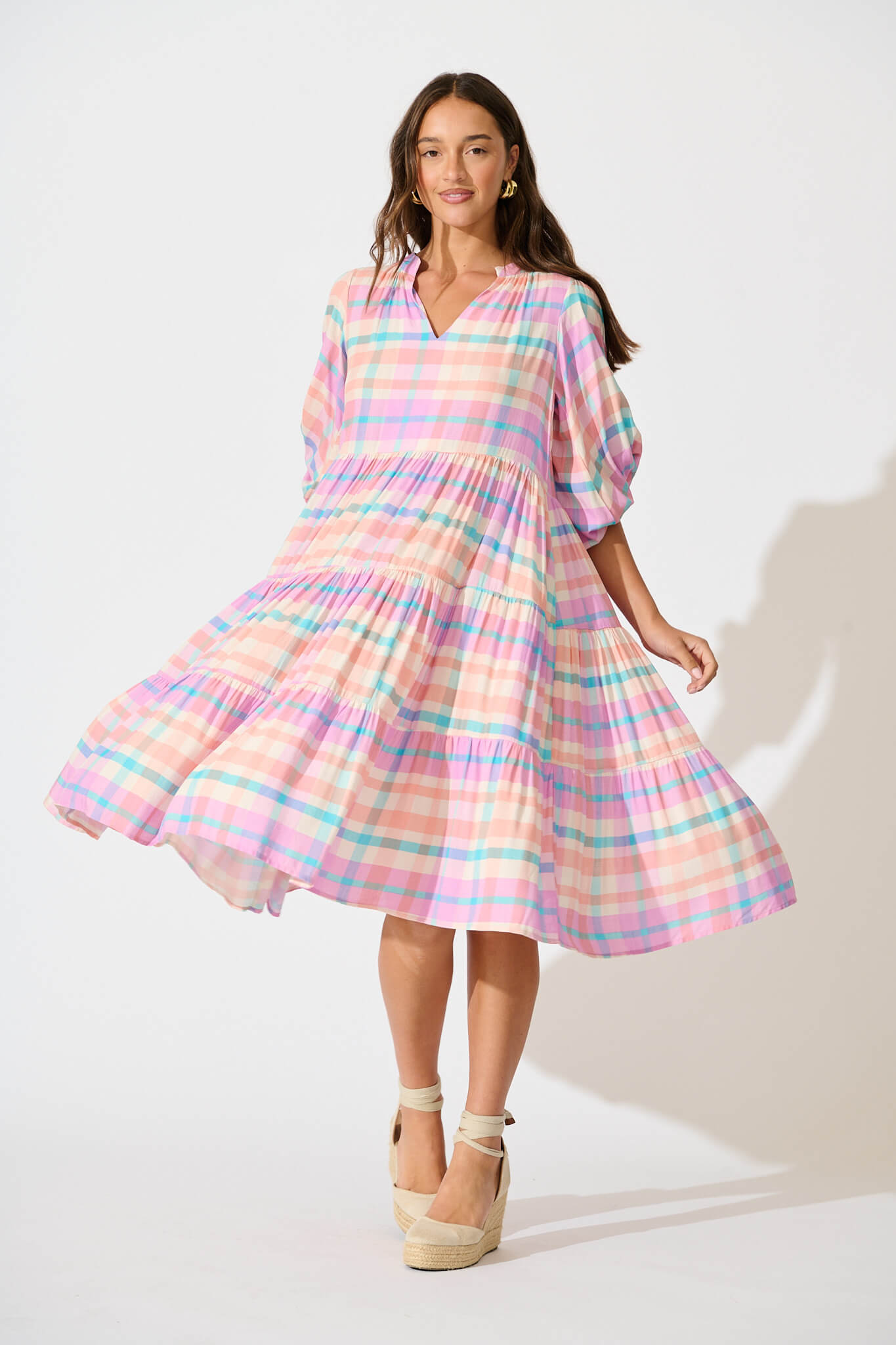Kehlana Tiered Smock Dress In Pink Check