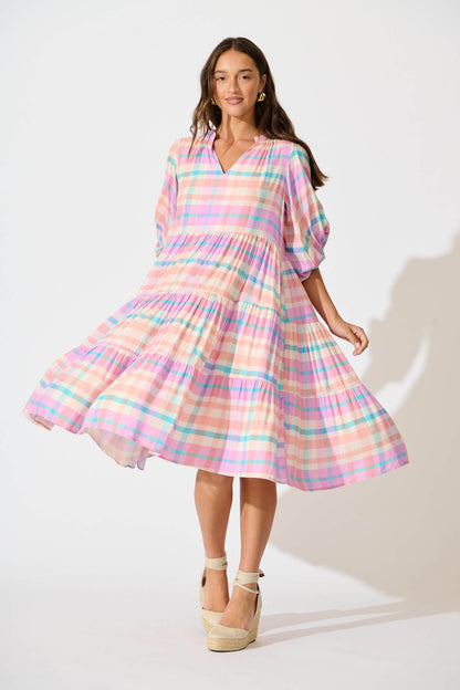 Kehlana Tiered Smock Dress In Pink Check