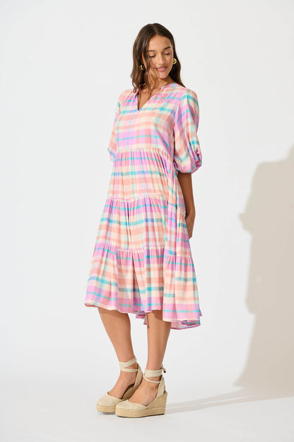 Kehlana Tiered Smock Dress In Pink Check