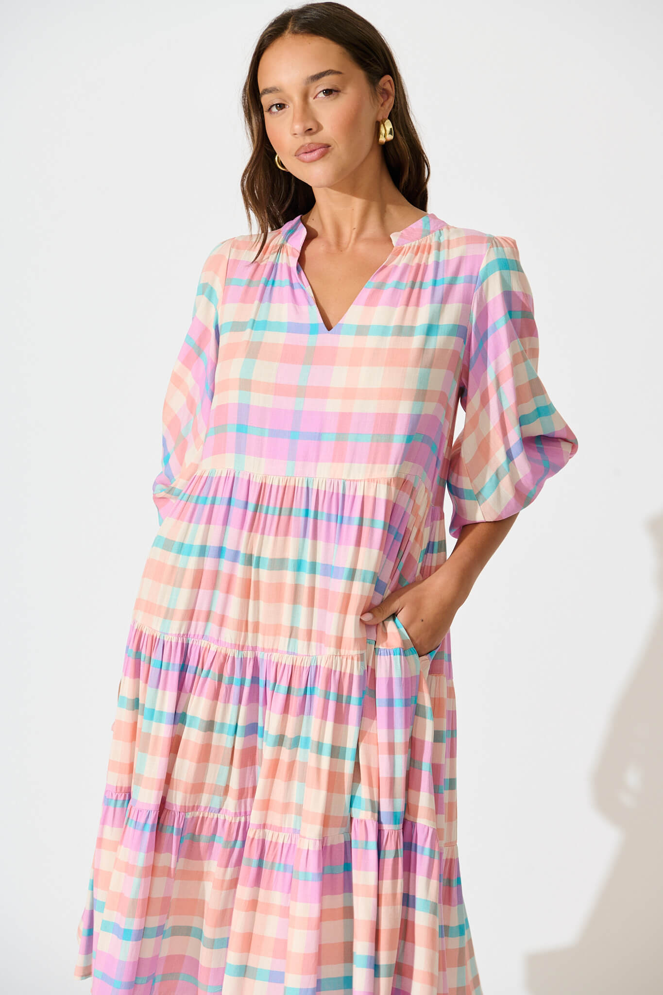 Kehlana Tiered Smock Dress In Pink Check