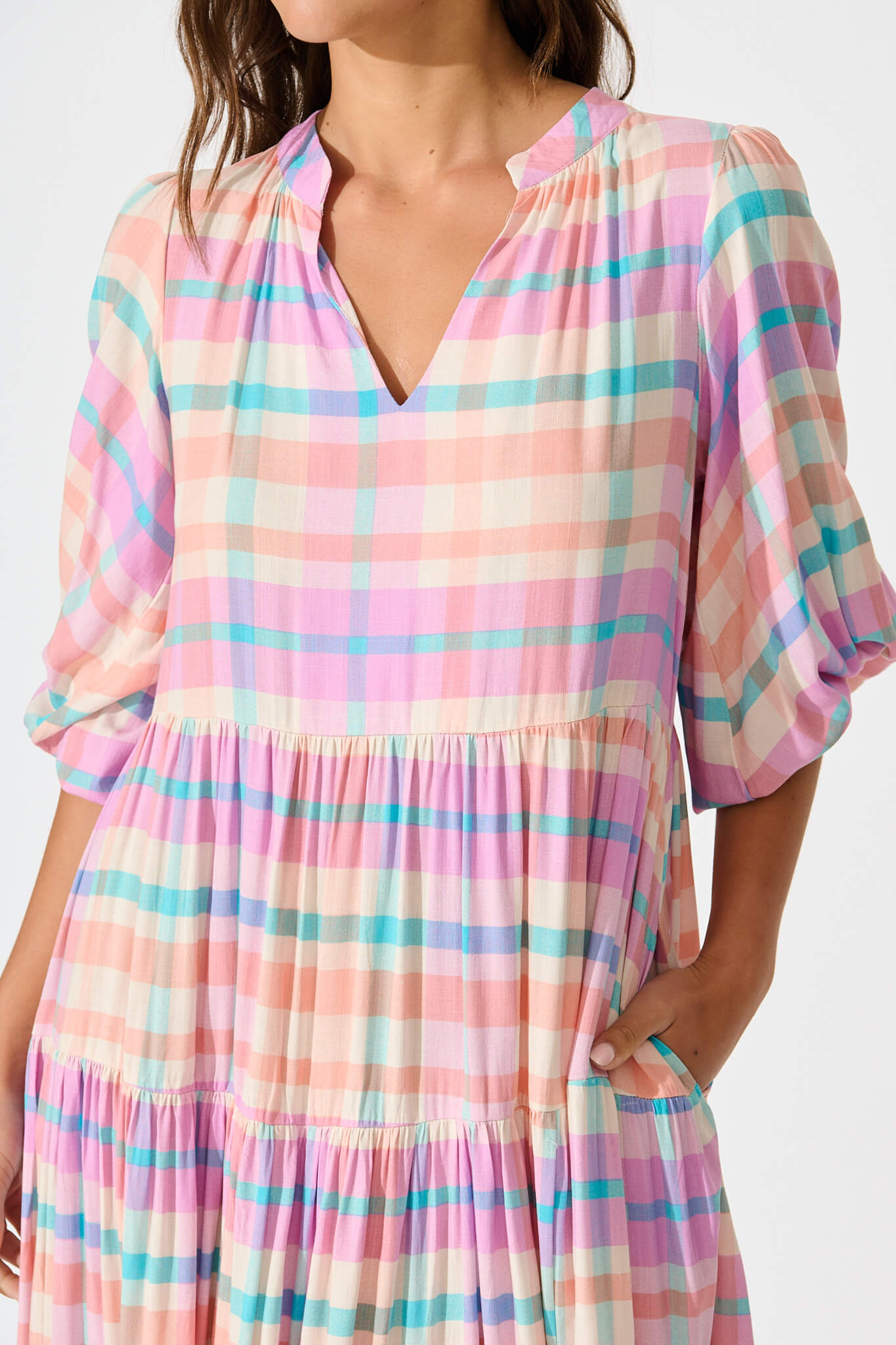 Kehlana Tiered Smock Dress In Pink Check