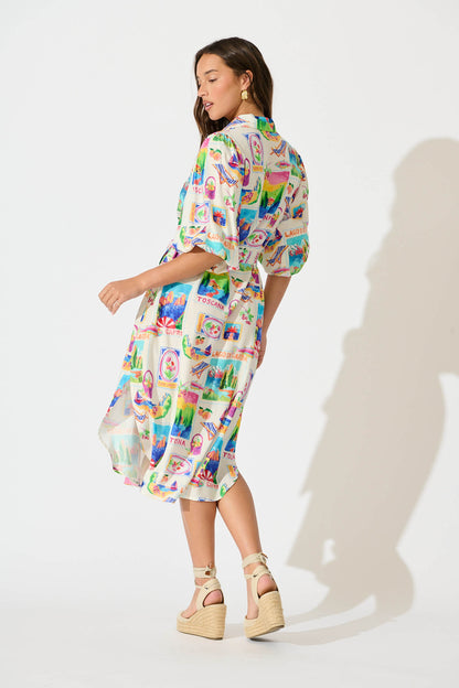 Francy Midi Shirt Dress In White With Bright Resort Print