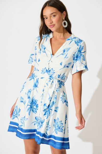 Kindred Dress in White with Blue Flower Border Linen Blend