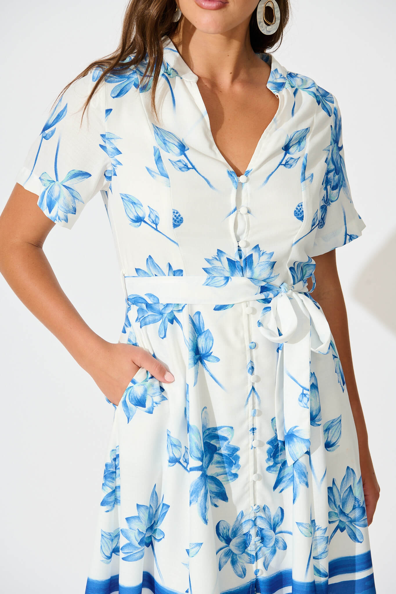 Kindred Dress in White with Blue Flower Border Linen Blend