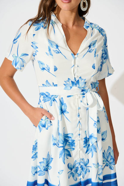 Kindred Dress in White with Blue Flower Border Linen Blend