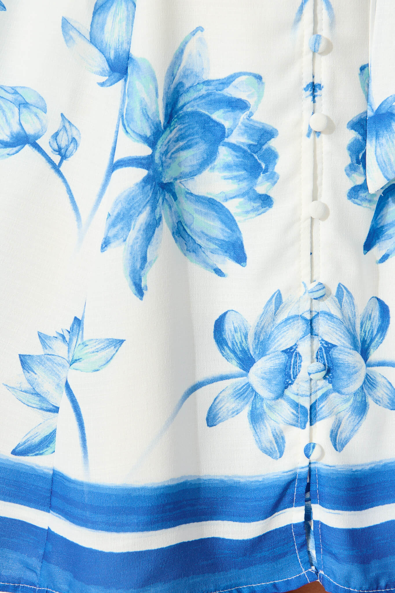 Kindred Dress in White with Blue Flower Border Linen Blend