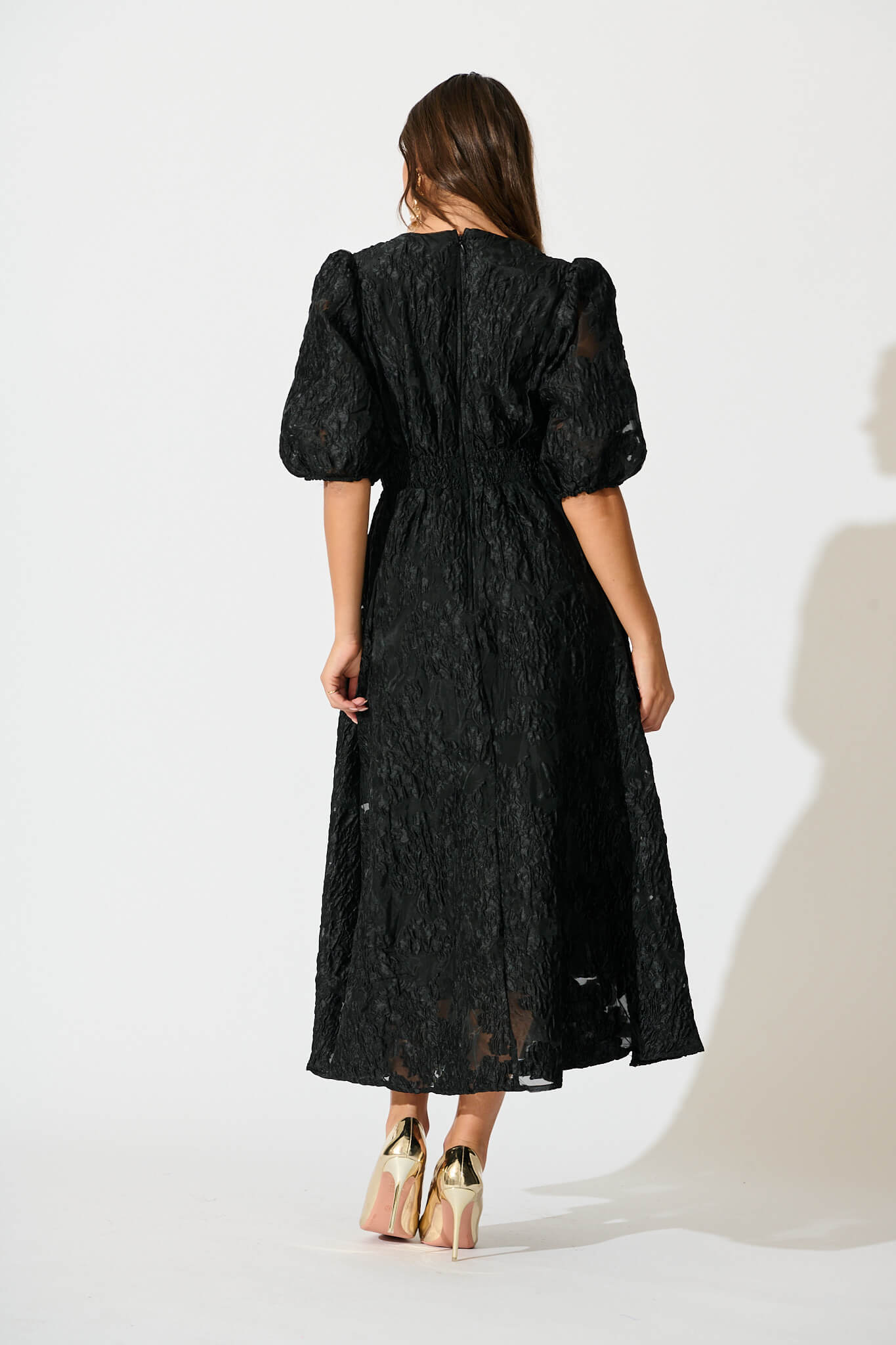 Opulence Midi Dress In Black Floral Organza Jacquard