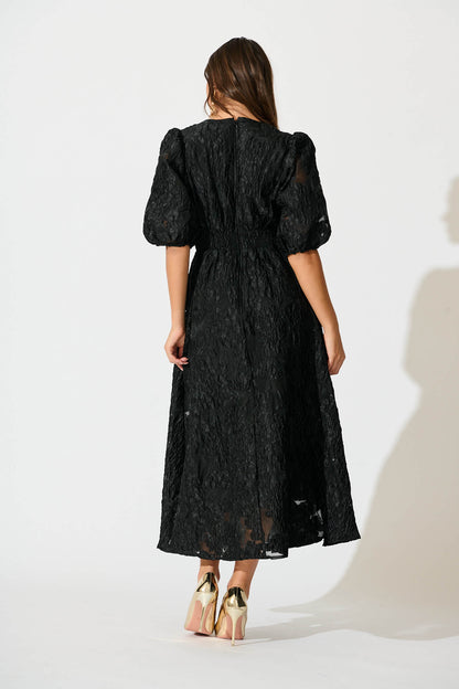 Opulence Midi Dress In Black Floral Organza Jacquard
