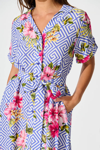 Winola Shirt Dress in Blue with Multi Floral Print