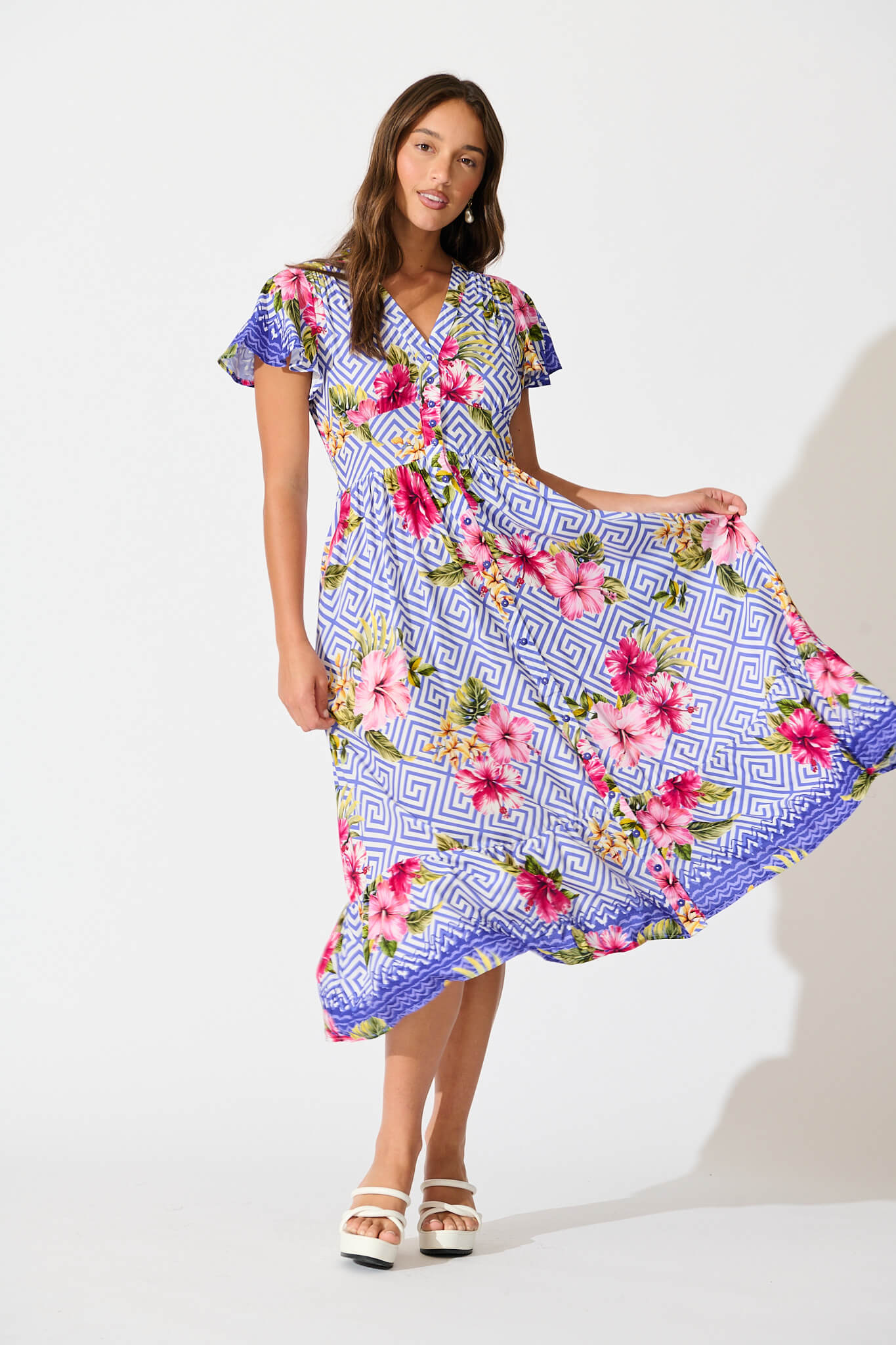 Alaria Midi Dress in Blue with Multi Floral Print