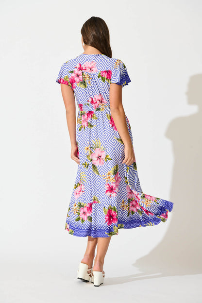 Alaria Midi Dress in Blue with Multi Floral Print