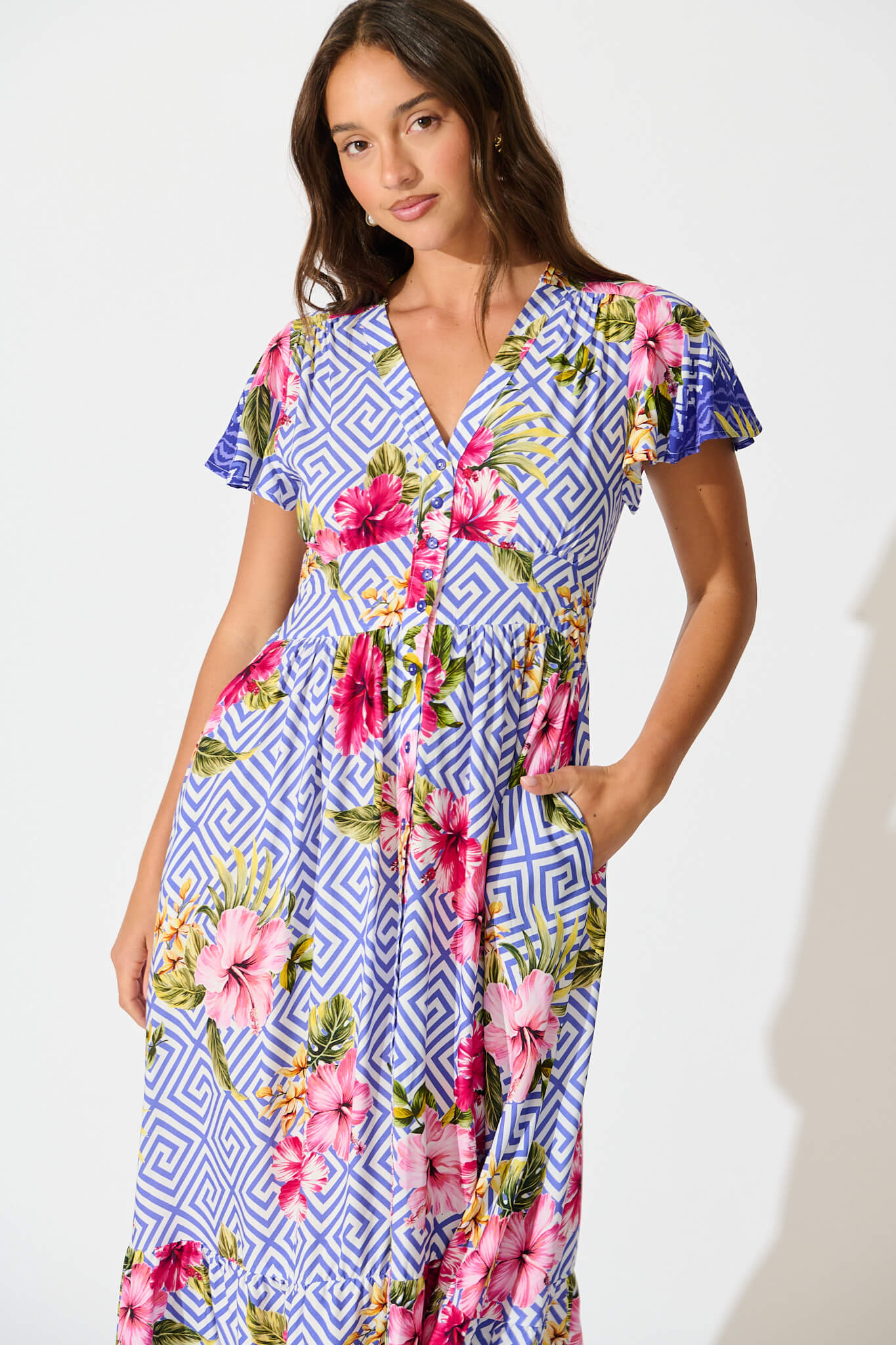 Alaria Midi Dress in Blue with Multi Floral Print