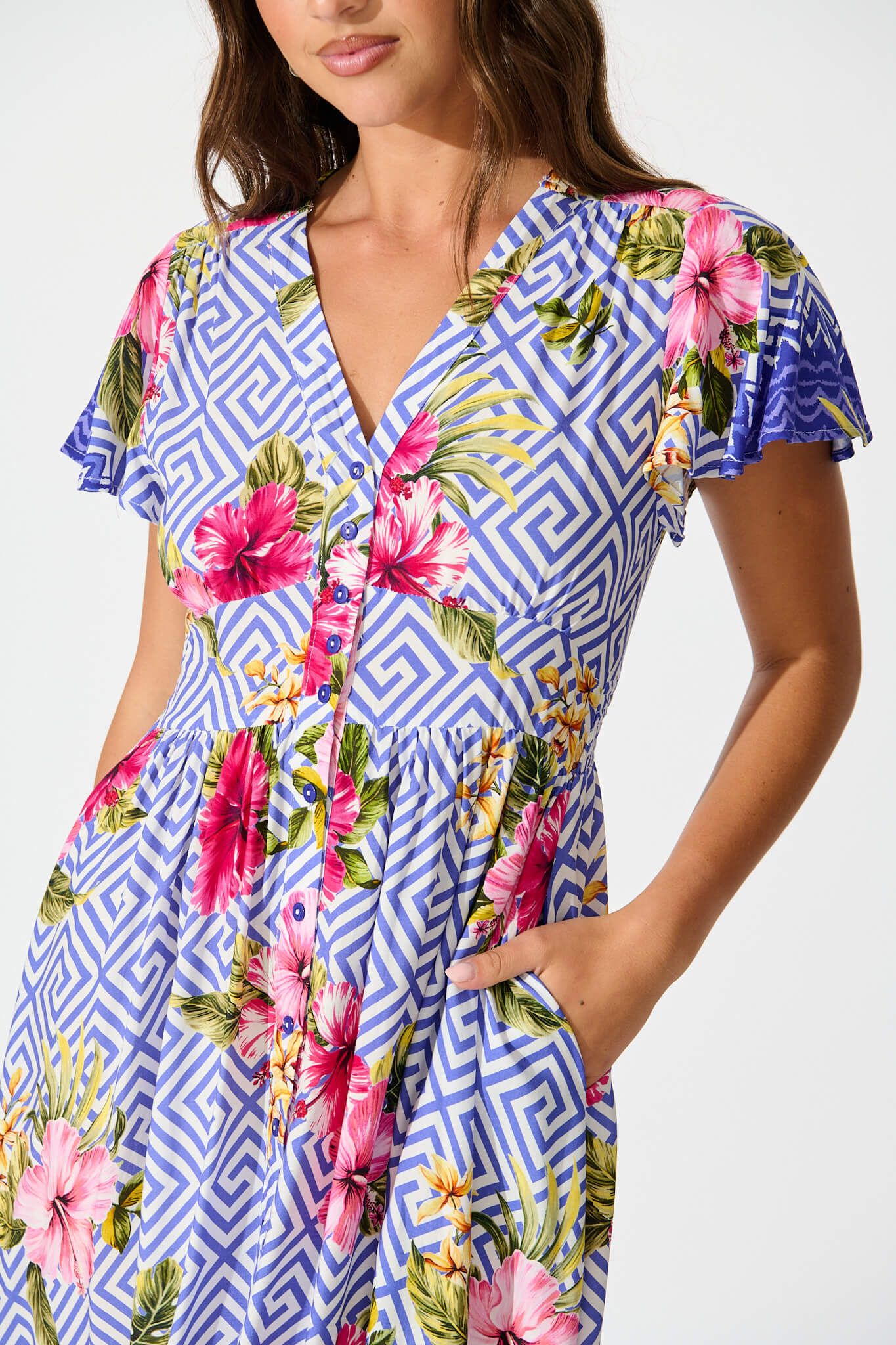 Alaria Midi Dress in Blue with Multi Floral Print