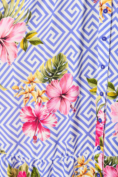 Alaria Midi Dress in Blue with Multi Floral Print