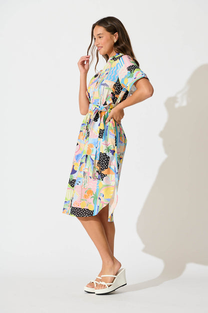 Saskia Midi Shirt Dress in Multi Summer Print Cotton