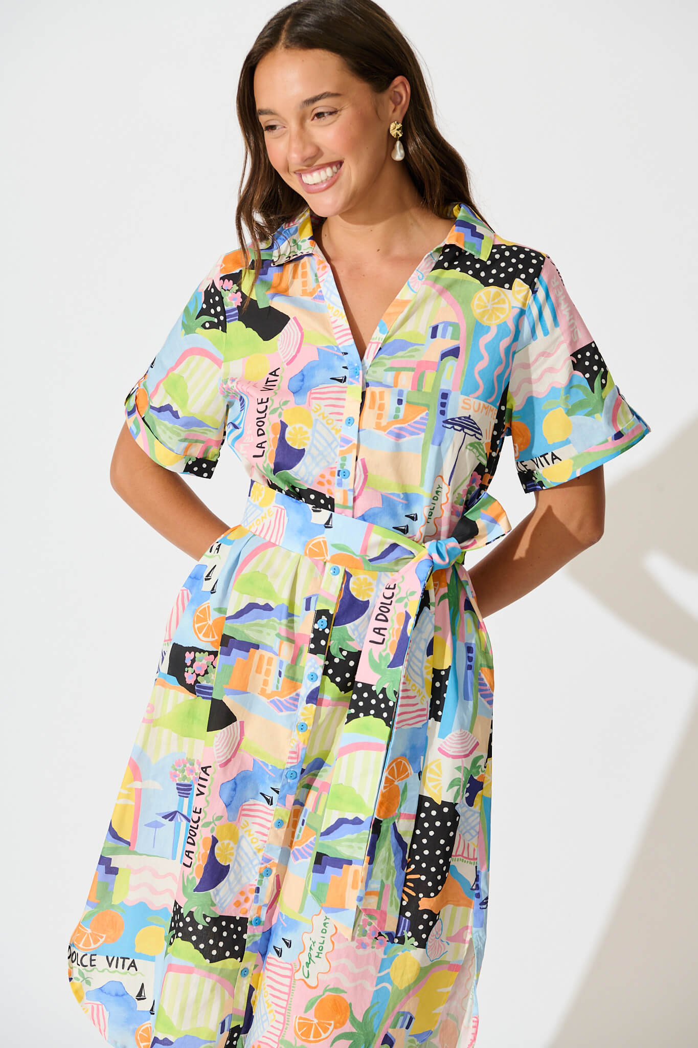 Saskia Midi Shirt Dress in Multi Summer Print Cotton