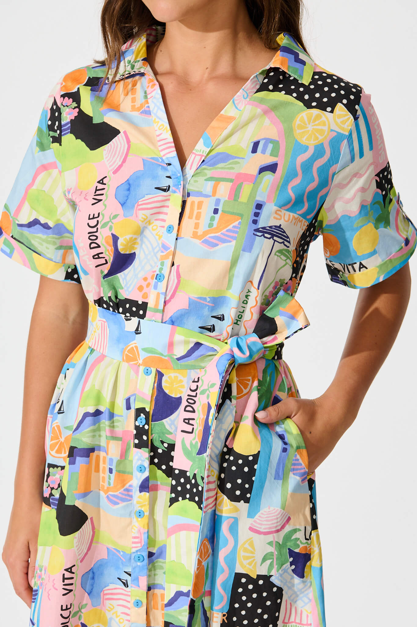 Saskia Midi Shirt Dress in Multi Summer Print Cotton