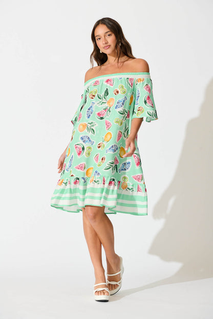 Janna Dress in Green with Multi Fruit Print