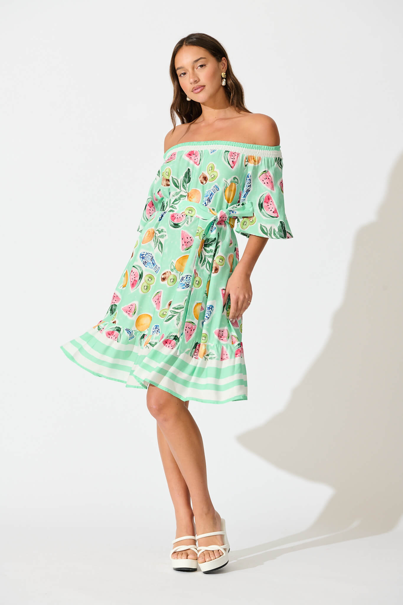 Janna Dress in Green with Multi Fruit Print