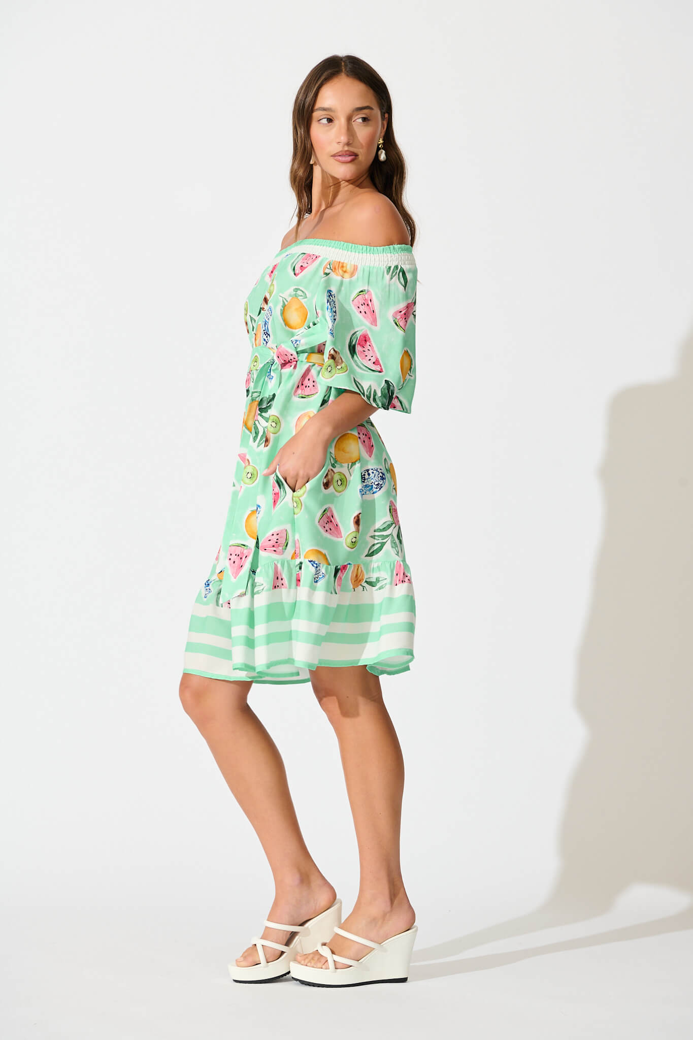 Janna Dress in Green with Multi Fruit Print